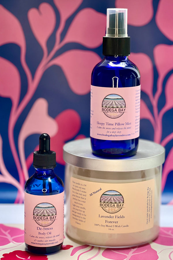 Date Night - Lavender Fields Forever Candle, De-stress Hydrating Massage Oil and Lavender Pillow Mist