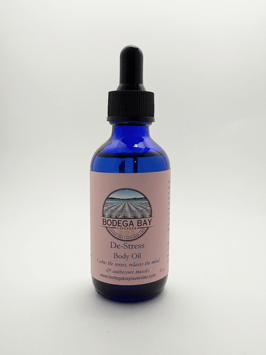 De-Stress Body Oil on neutral background